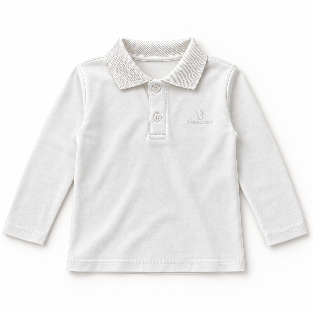 Ecru long-sleeve toddler polo shirt with a collar and two-button placket, flat on a white background