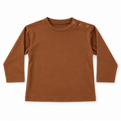 A long-sleeve baby t-shirt in a warm rust brown color, featuring a crew neck and three metal snap buttons on the left shoulder, displayed flat against a white background.