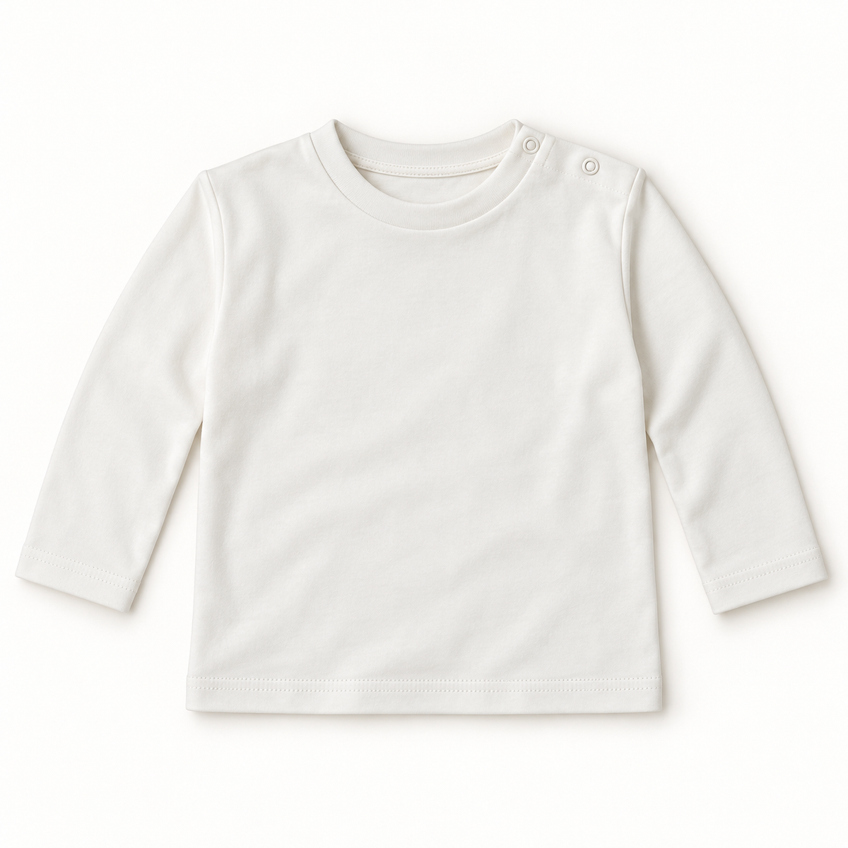 A long-sleeve baby top in off-white, featuring a crew neck and two adjustable shoulder snaps, laid flat on a white background.
