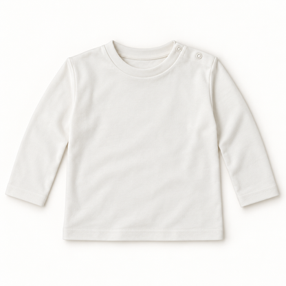 A long-sleeve baby top in off-white, featuring a crew neck and two adjustable shoulder snaps, laid flat on a white background.
