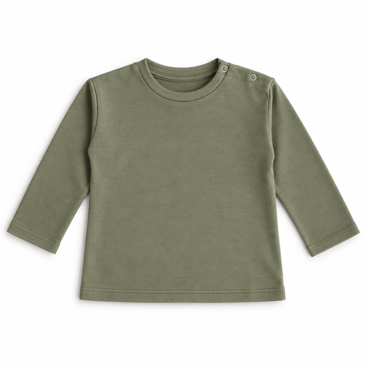 An olive green long-sleeve baby t-shirt with three-quarter sleeves and two button closures on the shoulder, laid flat on a white background.