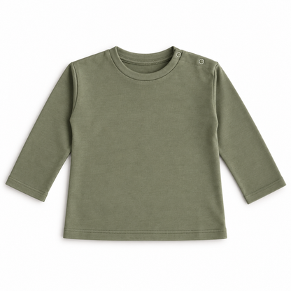 An olive green long-sleeve baby t-shirt with three-quarter sleeves and two button closures on the shoulder, laid flat on a white background.