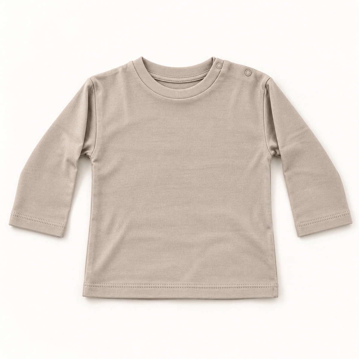 A light taupe long-sleeve baby t-shirt with a crew neck and shoulder snap button, laid flat on a white background.