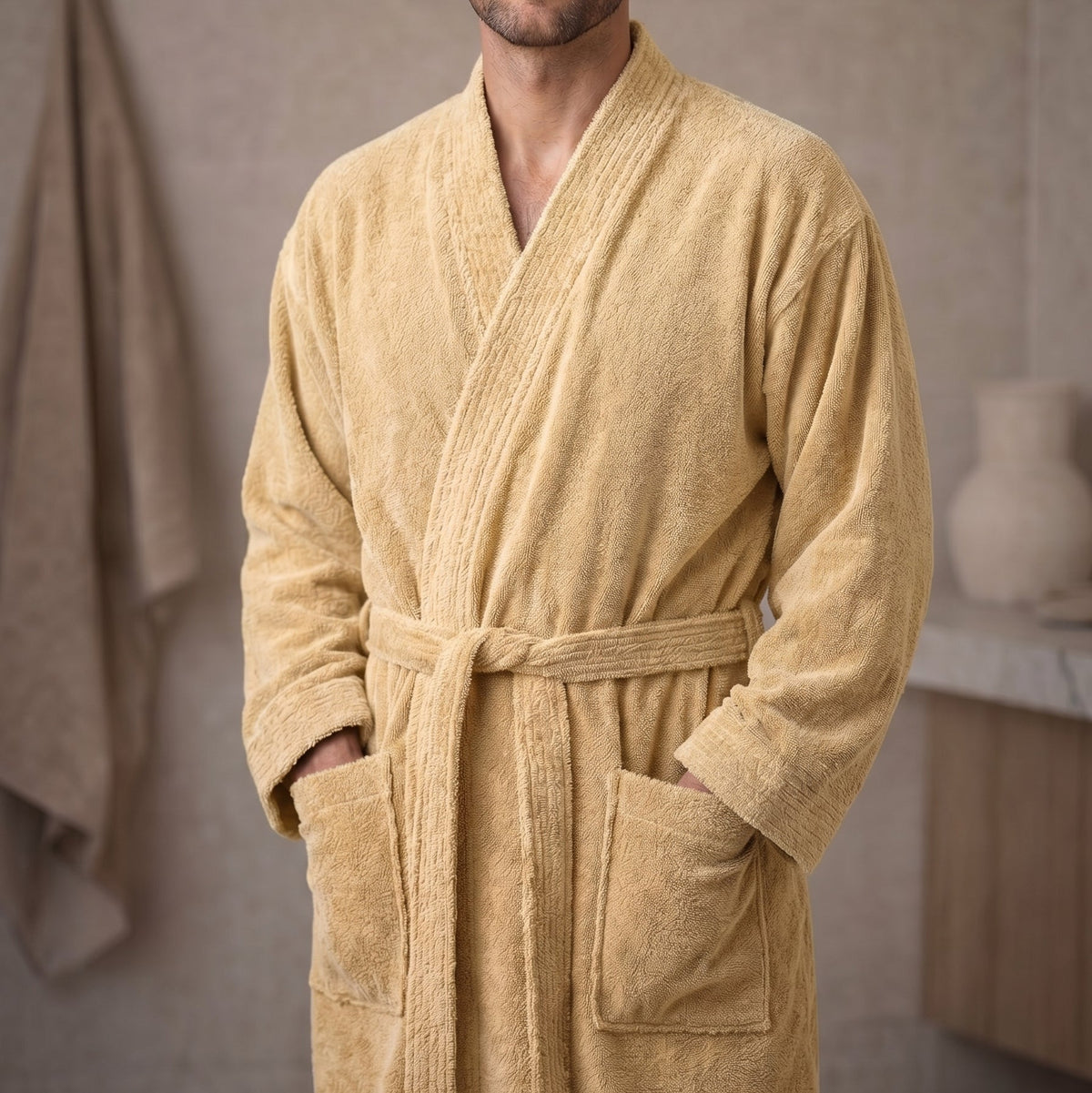 Man wearing a beige robe in a bathroom setting adult