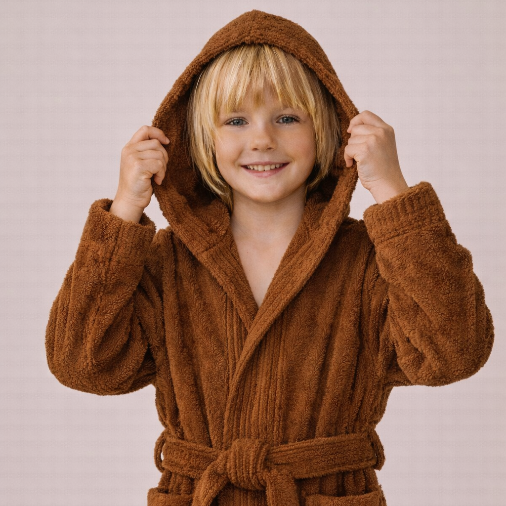 Organic children's terry bathrobe in cinnamon made from 100% organic cotton