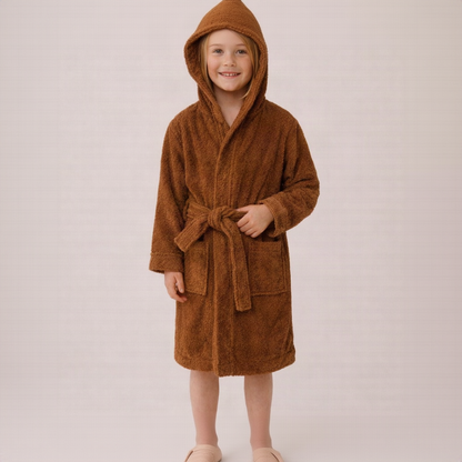 Organic children's terry bathrobe in cinnamon made from 100% organic cotton