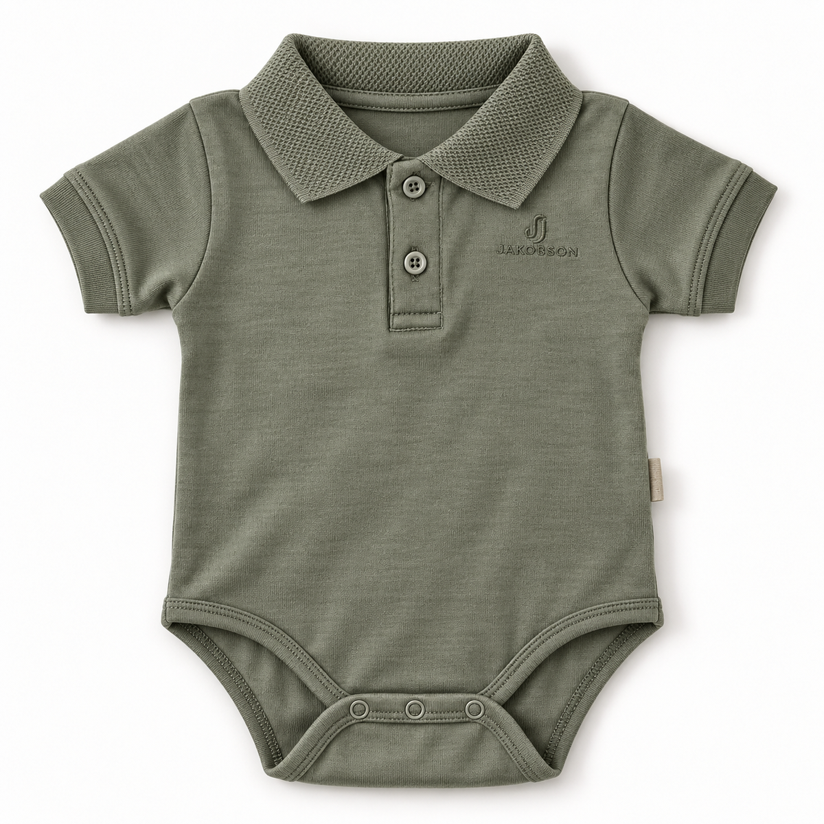 An olive green short-sleeve baby bodysuit with a polo collar, two-button placket, and a small embroidered logo on the chest, displayed flat against a white background.