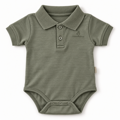 An olive green short-sleeve baby bodysuit with a polo collar, two-button placket, and a small embroidered logo on the chest, displayed flat against a white background.
