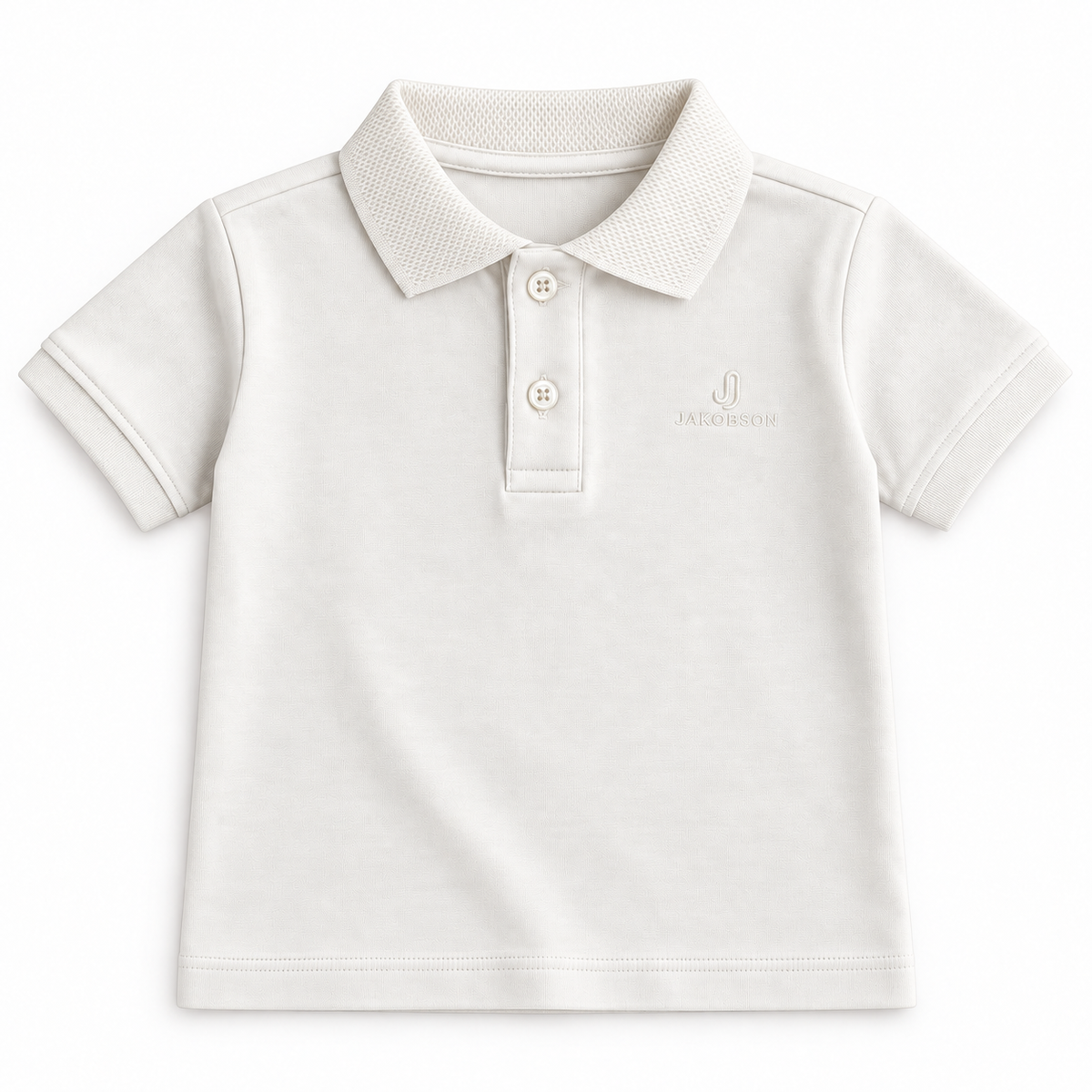 Ecru short-sleeve toddler polo shirt with a collar and two-button placket, flat on a white background