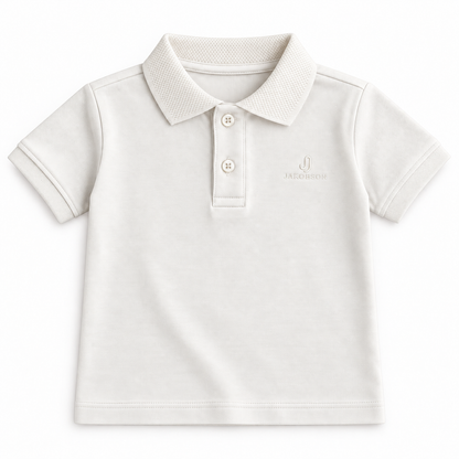 Ecru short-sleeve toddler polo shirt with a collar and two-button placket, flat on a white background