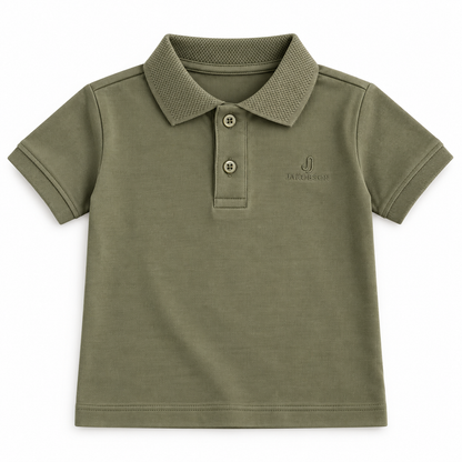 Olive green short-sleeve toddler polo shirt with a collar and two-button placket, flat on a white background