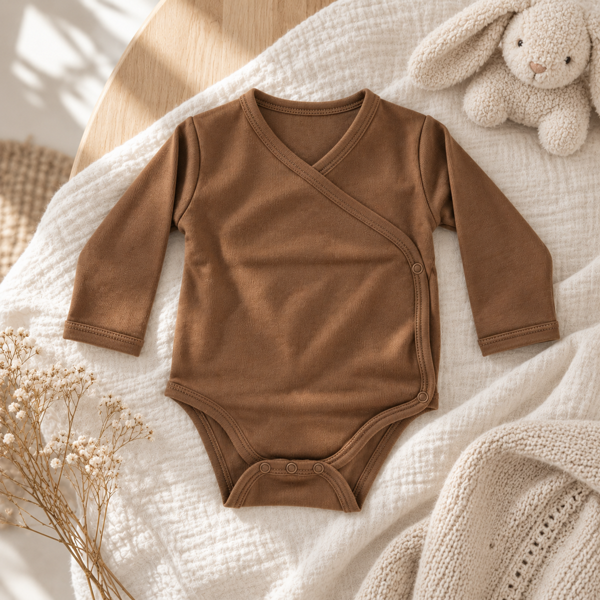 Side-snap baby bodysuit in dark brown, flat lay with bunny toy and dried flowers