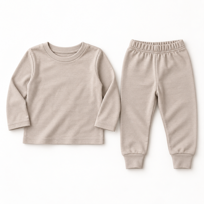 Sweatshirt and jogger set in natural, flat lay