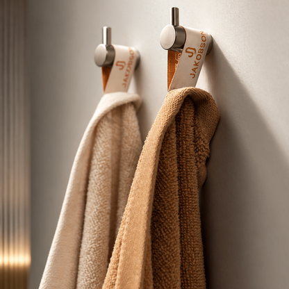 Organic cotton bath towels in beige and cinnamon hanging on hooks as part of a 4-piece towel set