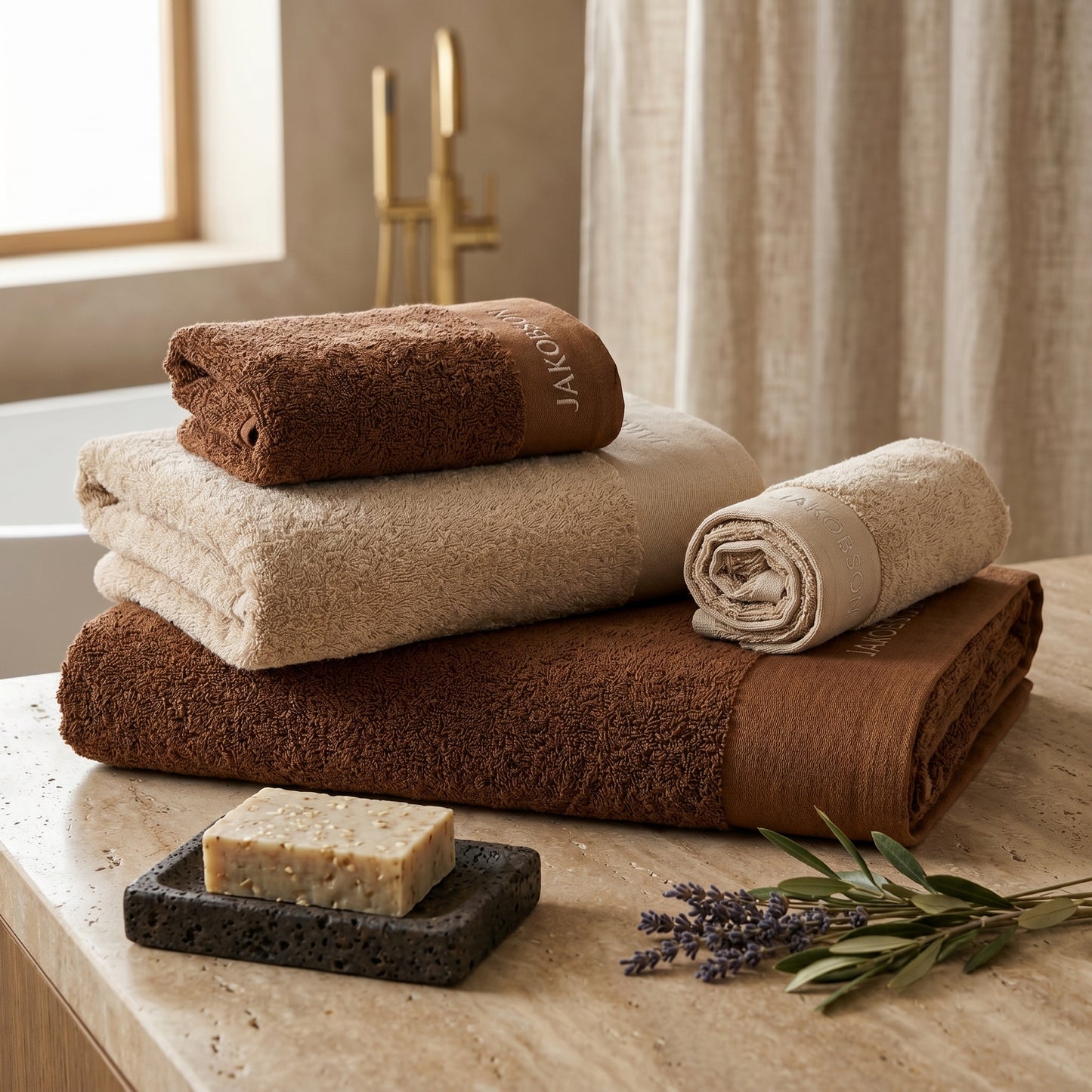 4-piece organic cotton towel set in beige and cinnamon with soft terry bath towels and spa accessories