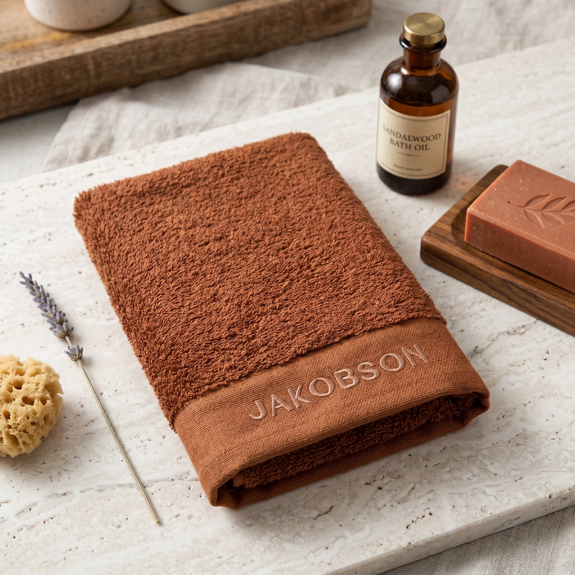 Organic cotton terry bath towel in cinnamon with Jakobson branding displayed on a bathroom counter with bath oil and soap