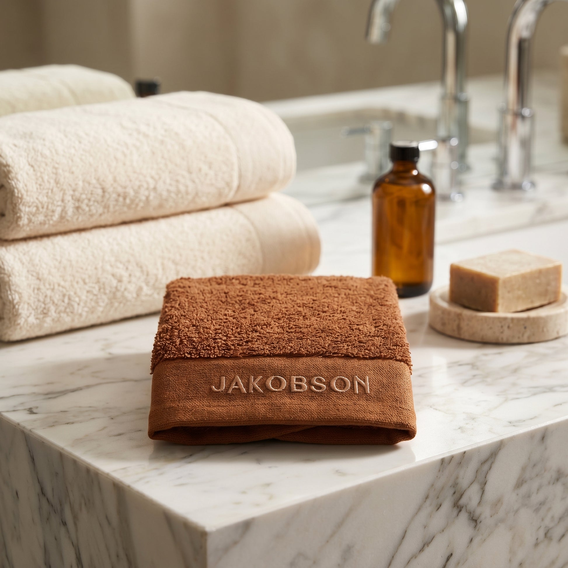 Organic cotton terry bath towel in cinnamon with Jakobson branding displayed on a marble countertop with bath accessories