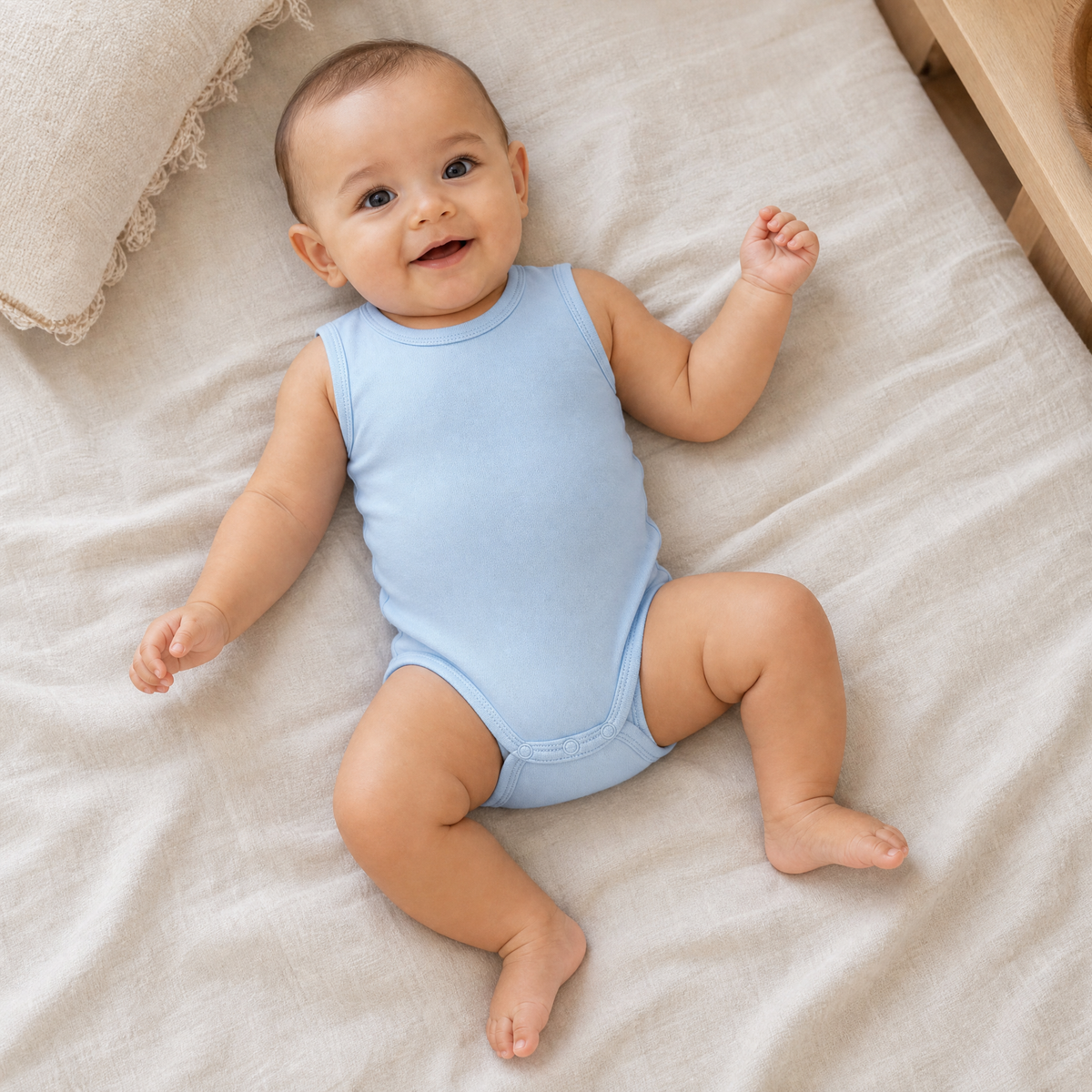 Baby lying on bed wearing blue sleeveless bodysuit