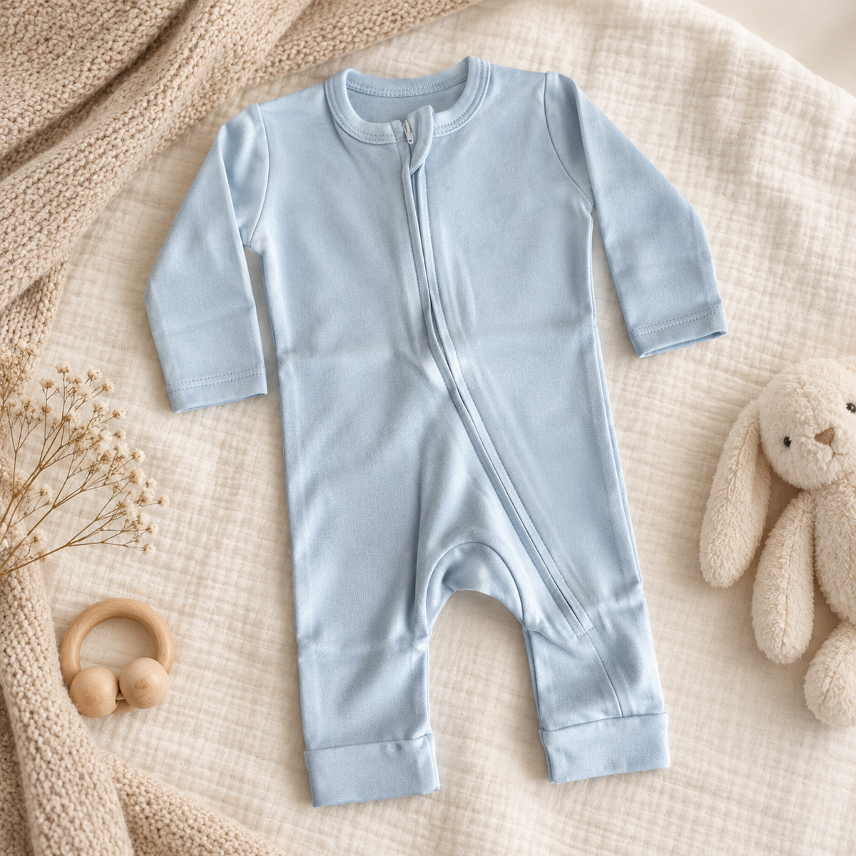 A light blue long-sleeve baby footless one-piece with an all-zip front, laid flat on a textured cream blanket with a knitted beige throw, a wooden ring toy, dried flowers, and a plush bunny.