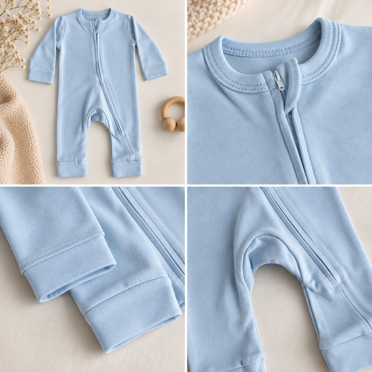 A four-panel collage showing a baby one-piece footless sleeper in light blue. The top-left panel shows the full garment laid flat with a zipper front and small wooden teething toy nearby.