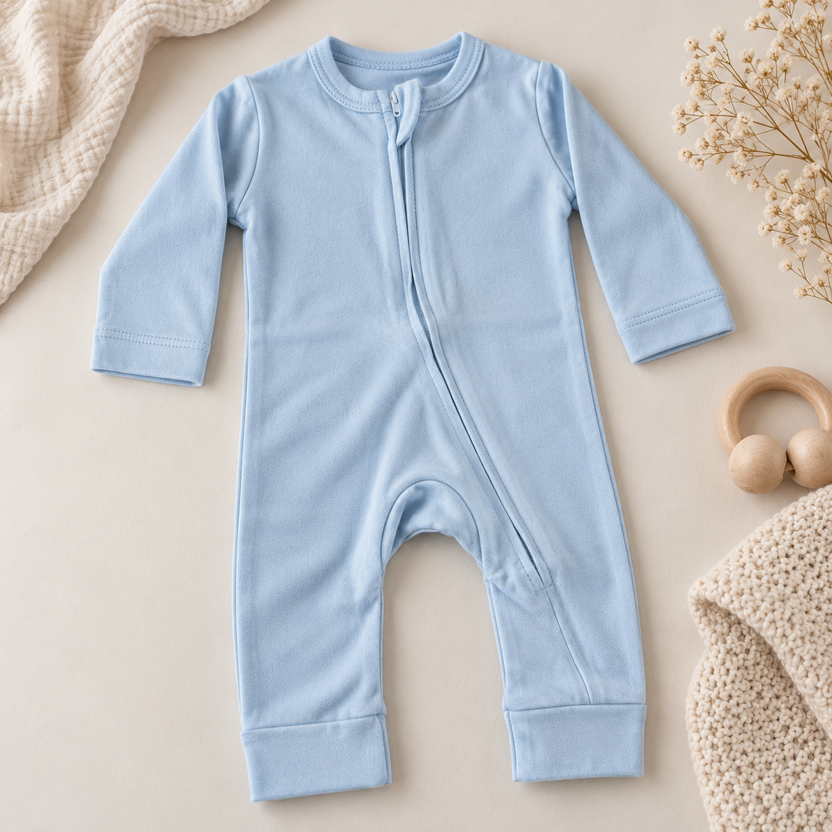A baby long-sleeve footless zip-front romper in light blue, styled in a flat lay with a beige knit blanket, dried flowers, and a wooden ring toy on a warm beige background.