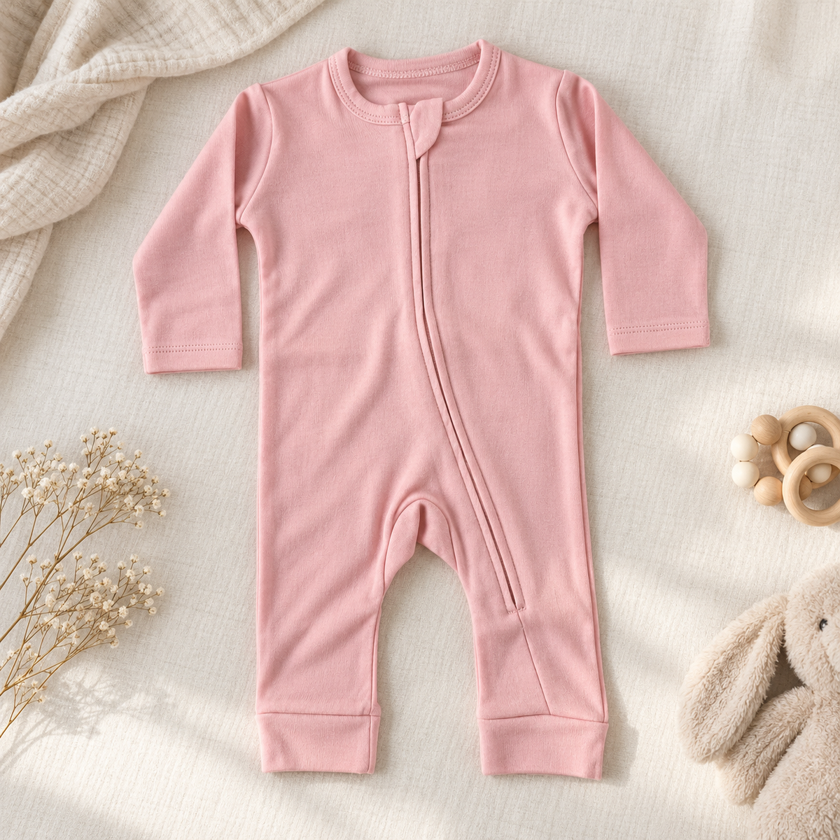 A light pink long-sleeve baby footless sleeper with an asymmetrical zipper, laid flat on a textured cream fabric with baby props including dried flowers, a wooden teether, and a plush bunny.