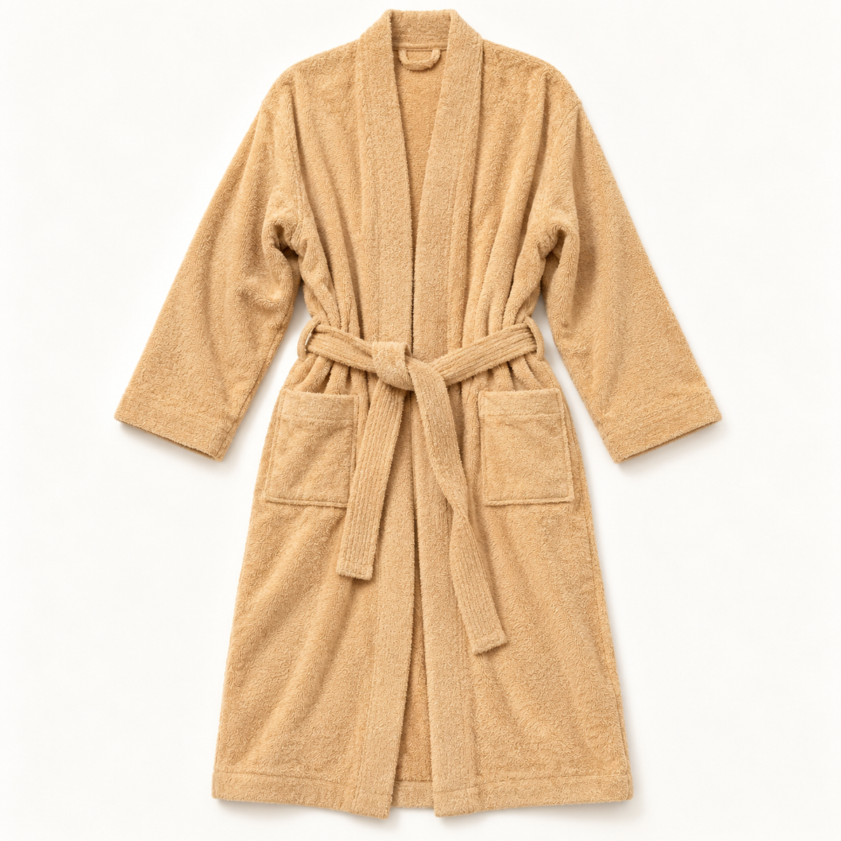 A classic tan terry cloth beige bathrobe with a matching tie belt and front patch pockets, laid flat against a clean white background.