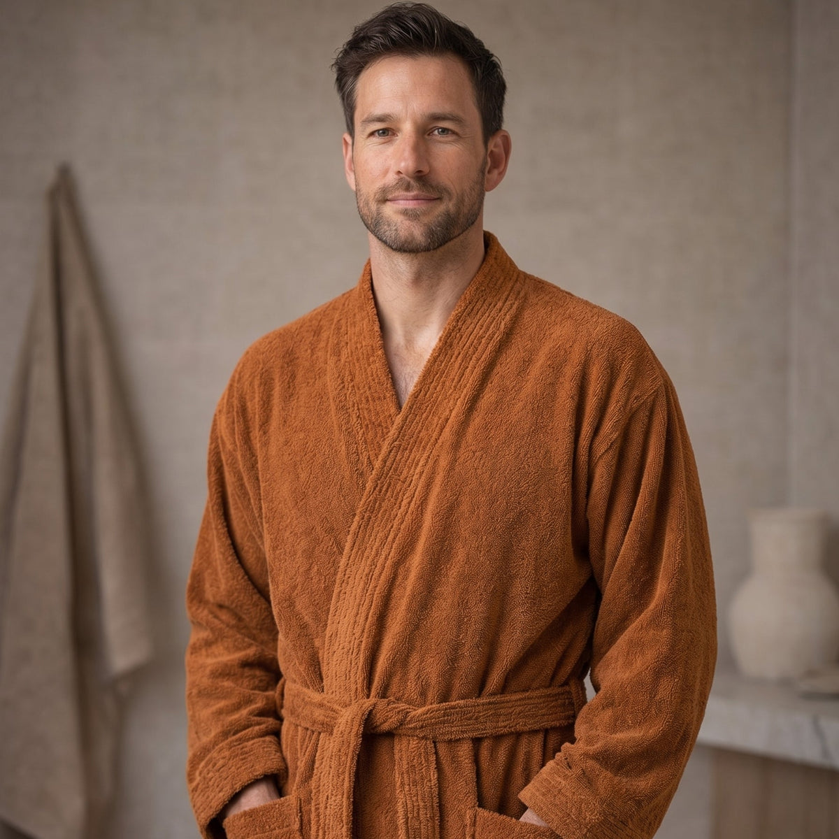 A man wearing a plush, textured rust-orange bathrobe, standing in a softly lit, neutral-toned bathroom setting.