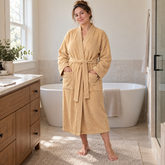 A woman wearing a plush tan bathrobe stands barefoot in a bright, modern bathroom with a freestanding bathtub, wooden vanity, and tiled walls.