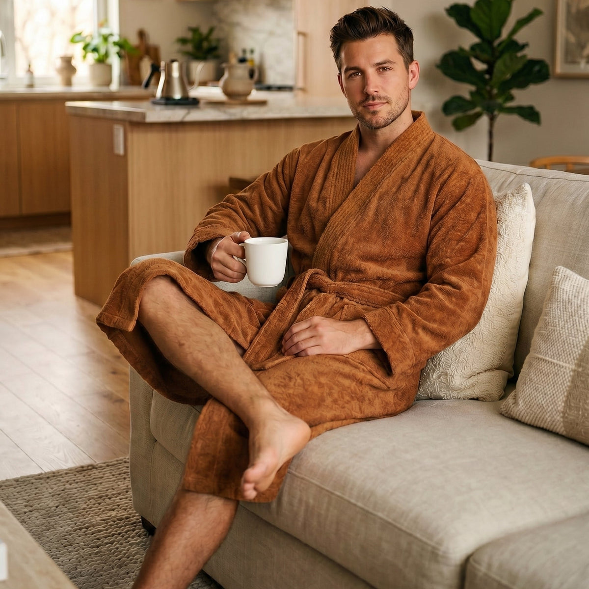 Man in a brown robe sitting on a couch holding a mug in a cozy living room.