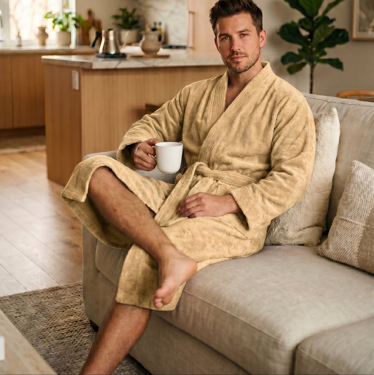 Man in a yellow robe sitting on a couch holding a cup in a kitchen.