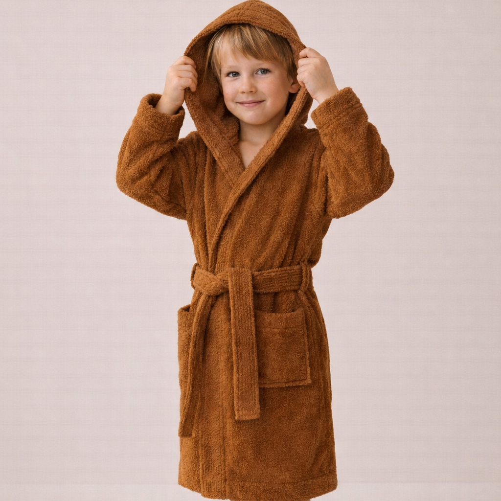 Organic children's terry bathrobe in cinnamon made from 100% organic cotton