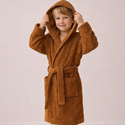 Organic children's terry bathrobe in cinnamon made from 100% organic cotton