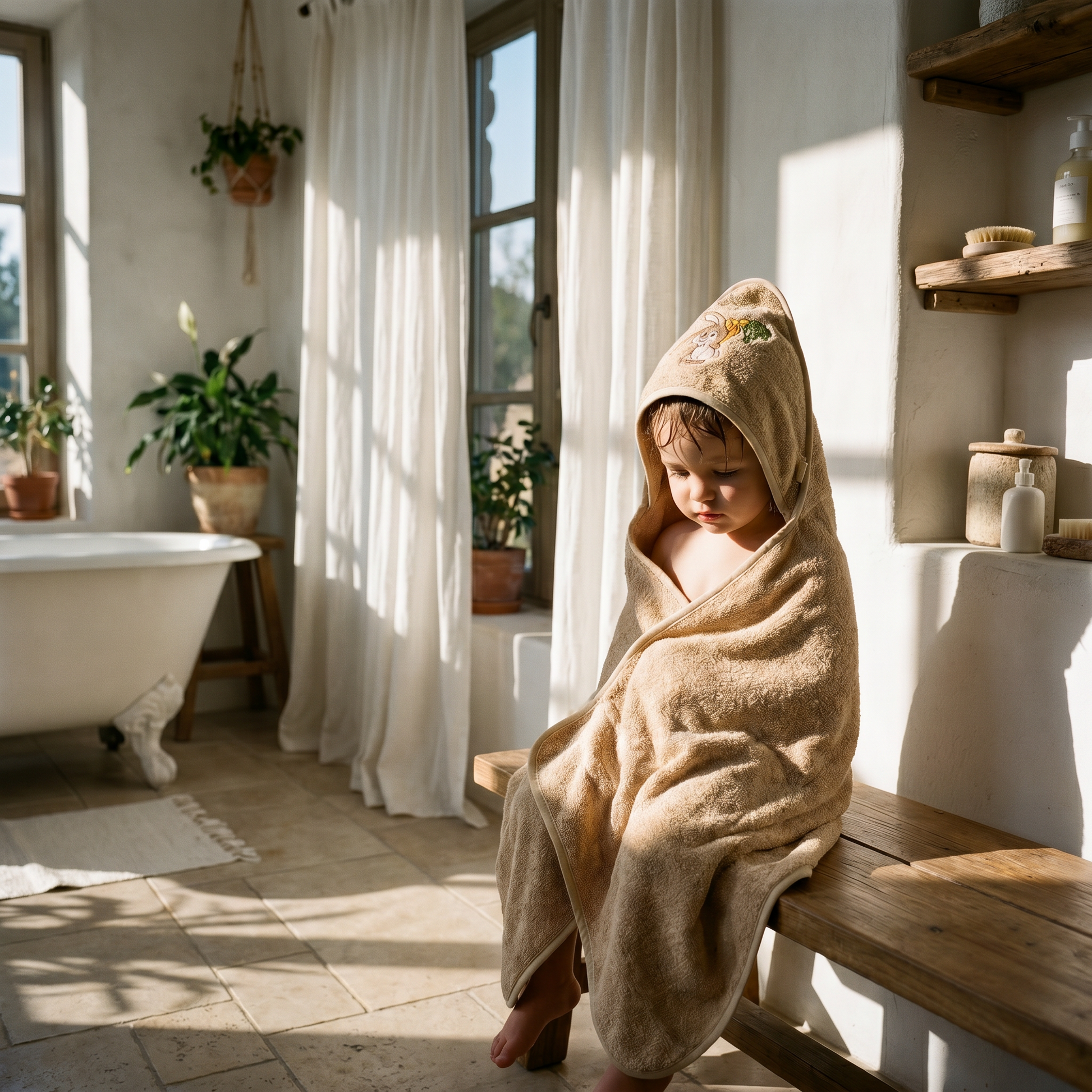 Folded beige hooded baby bath towel