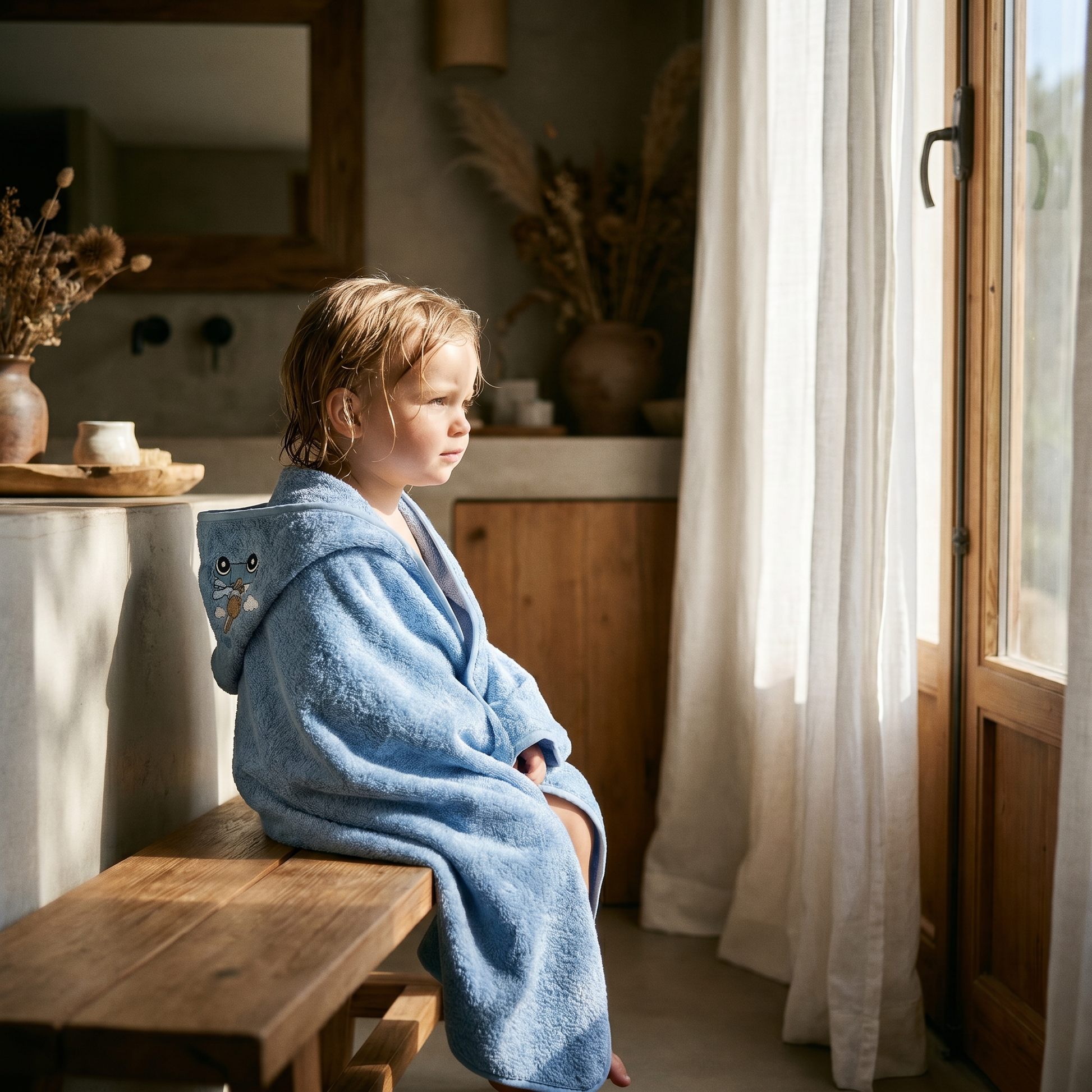 Child wearing a blue organic cotton hooded baby bath towel by a window