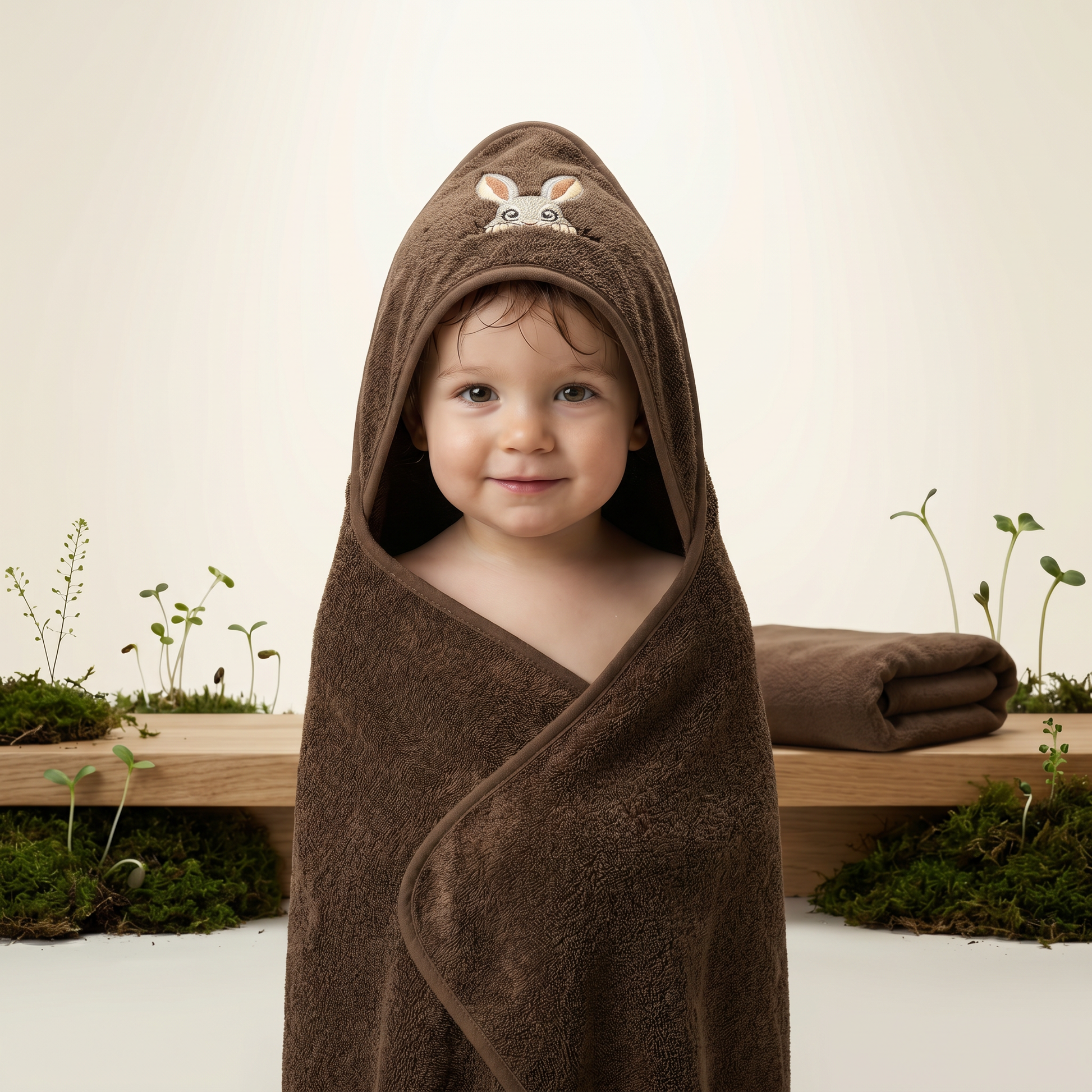 Folded dark brown hooded baby bath towel