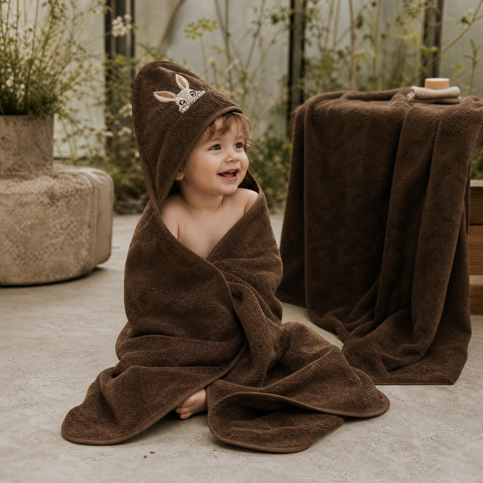 Dark brown hooded baby towel for bath time
