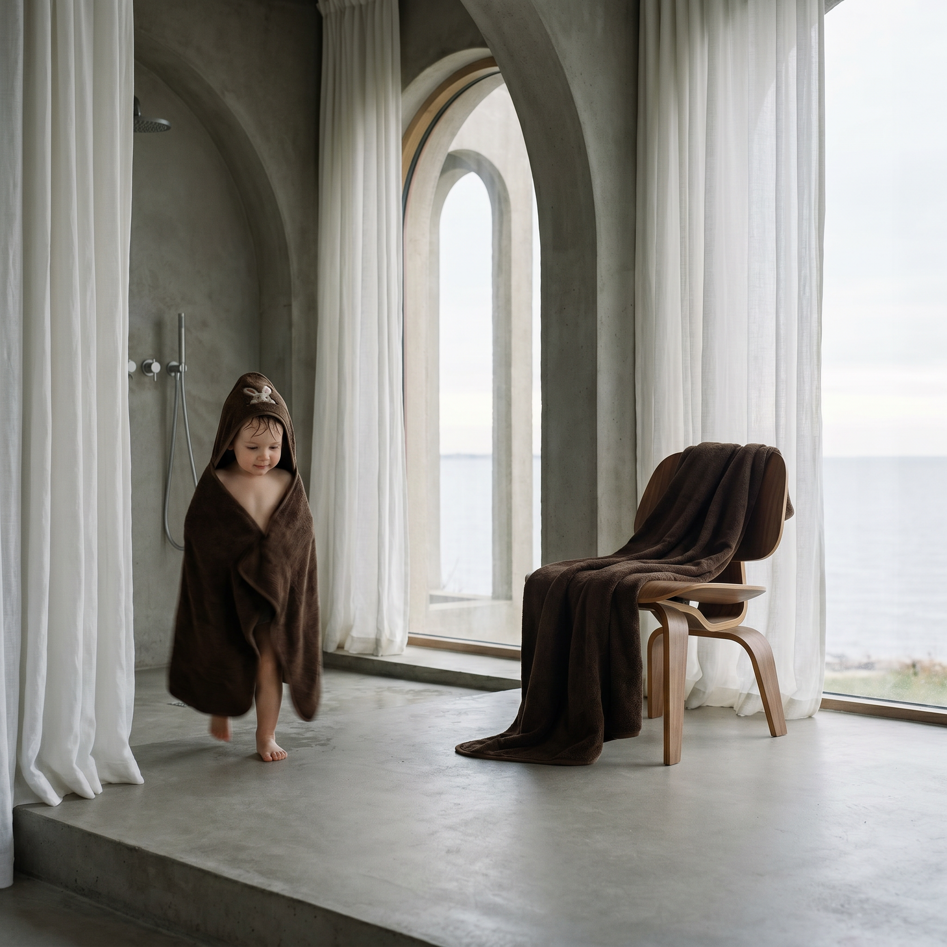 Organic cotton hooded baby towel in dark brown