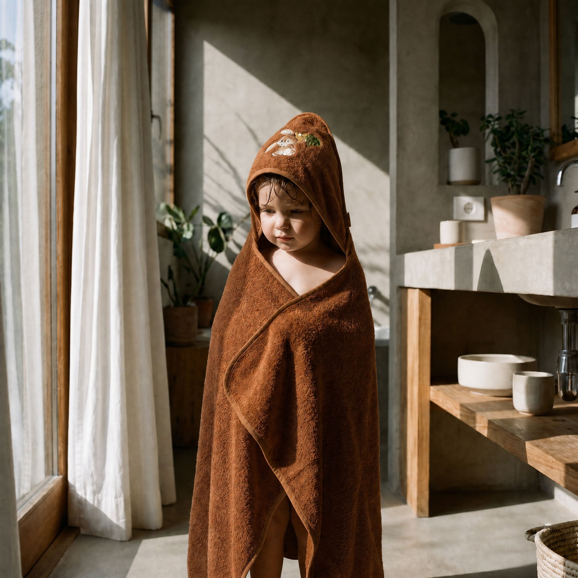 Organic cotton hooded baby towel in cinnamon