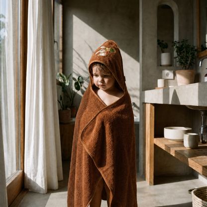 Organic cotton hooded baby towel in cinnamon