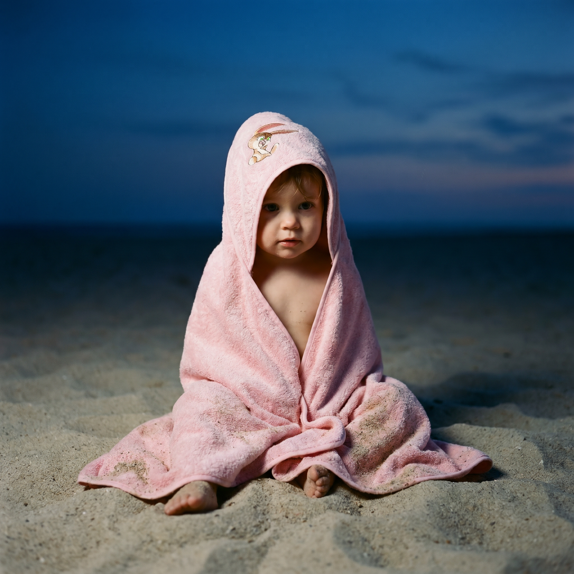Child wearing a pink organic cotton hooded baby bath towel at the beach