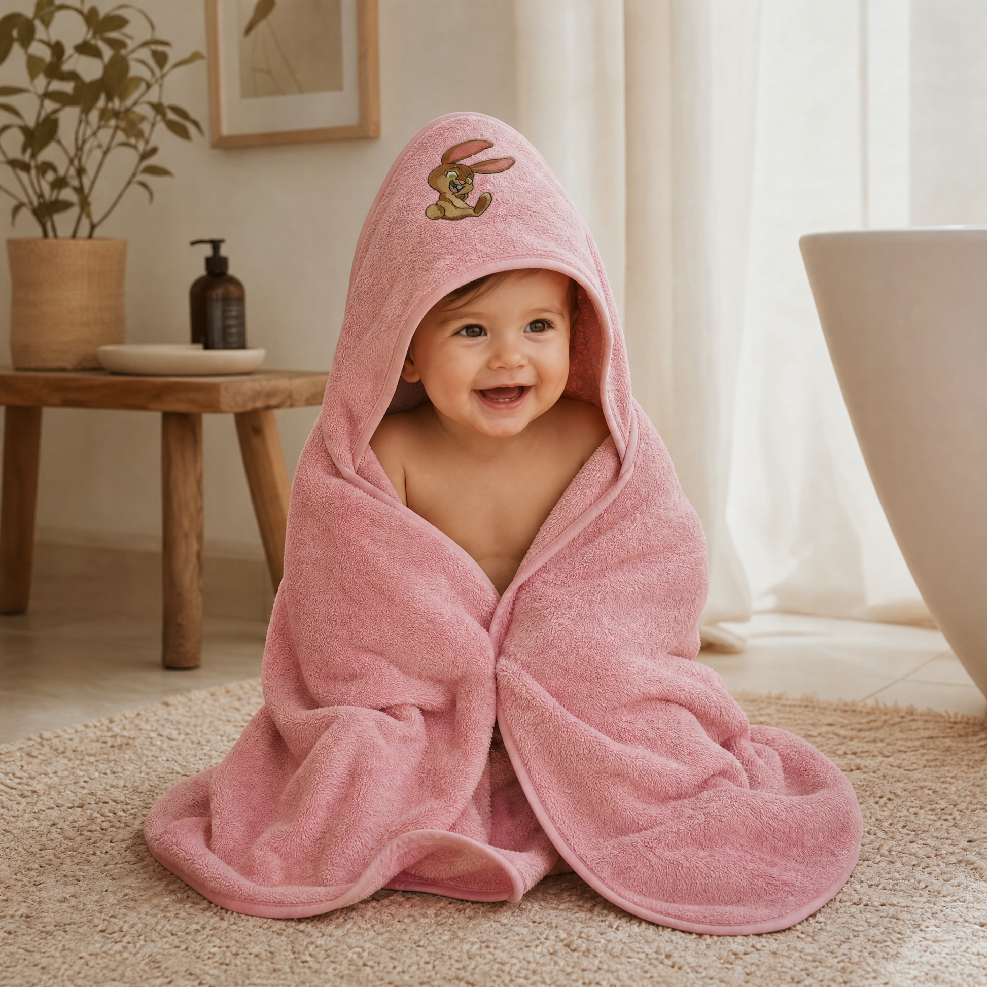Baby wearing a pink organic cotton hooded baby bath towel with bunny hood