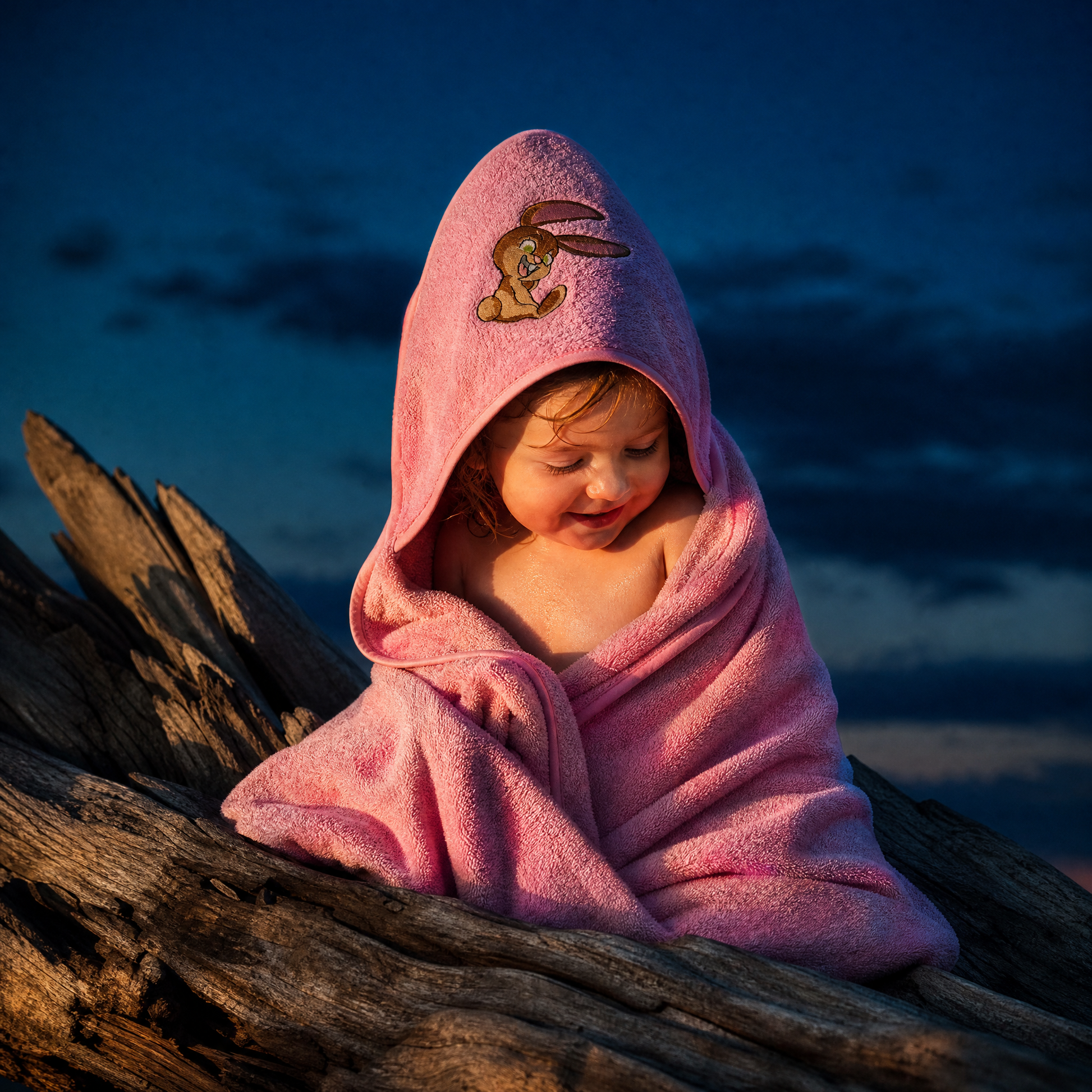 Child wearing a pink organic cotton hooded baby bath towel
